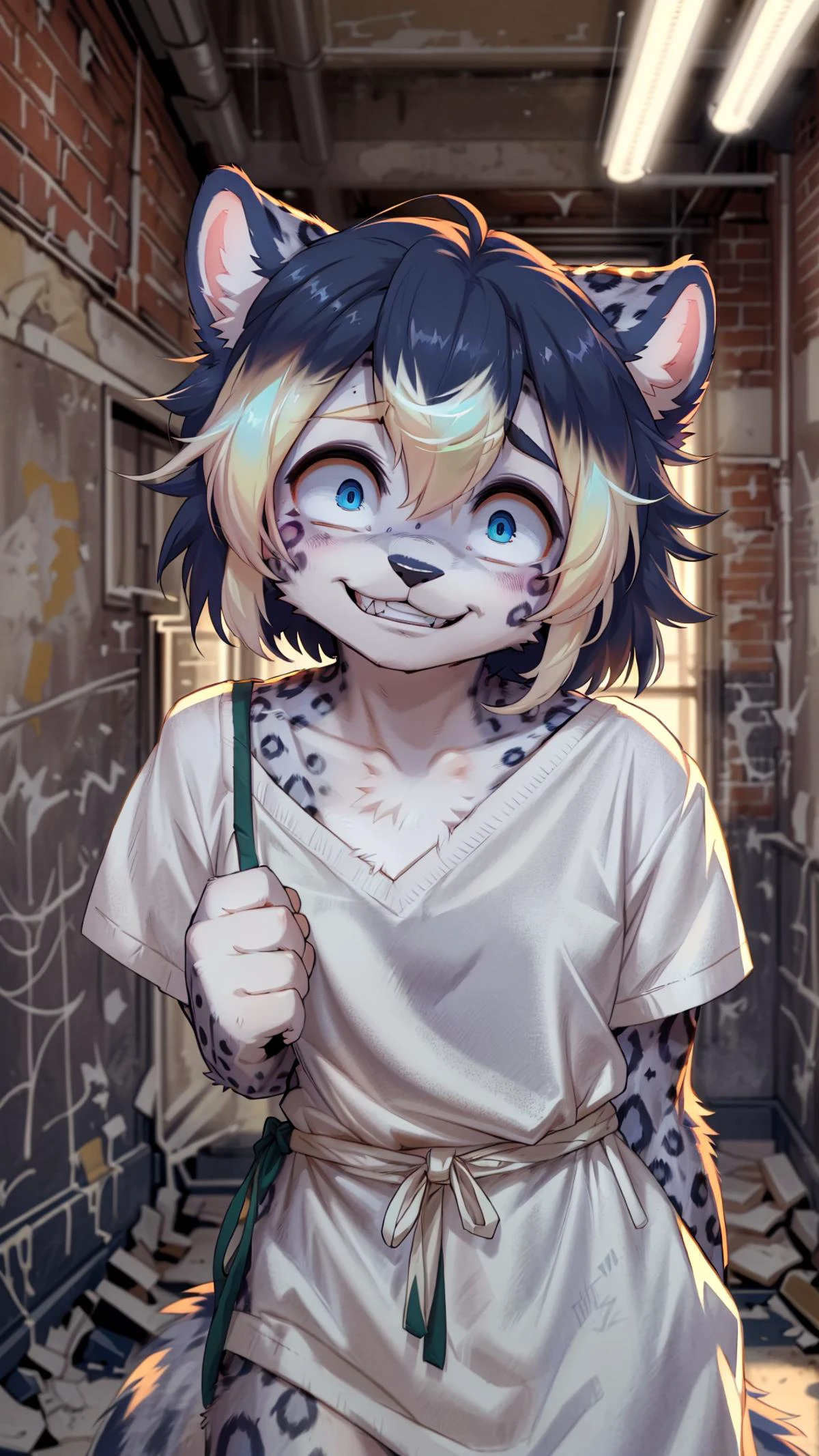 painting, detailed background, abandoned asylum at night, time-worn walls covered in peeling wallpaper and graffiti, gloomy atmosphere, Female Snow Leopard standing in the center of a dimly lit hallway, eerie fluorescent lights flickering overhead, (snow leopard's sleek fur with black spots), (intense blue eyes glinting with madness), ((unruly, disheveled hair:1.2)), (tattered hospital gown clinging to her slender frame), ((bloodstains on her paws and gown):0.8), (wild look in her eyes, (wide, dilated pupils)), ((maniacal grin revealing sharpened teeth):1.1), insanity unleashed, (face close up), <lora:crazyExpressions_crazyExpressions:0.8>crazy face, crazy eyes, crazy smile, horrified, small pupils, constricted pupils <lora:constricted_pupils_v0.2a:0.8>, BREAK
(hardline, outline), furry anime kemono, (lineart:0.6), (flat shading, flat colors:1.1), (vibrant colors:1.1), [by dagasi|ancesra:1.4]