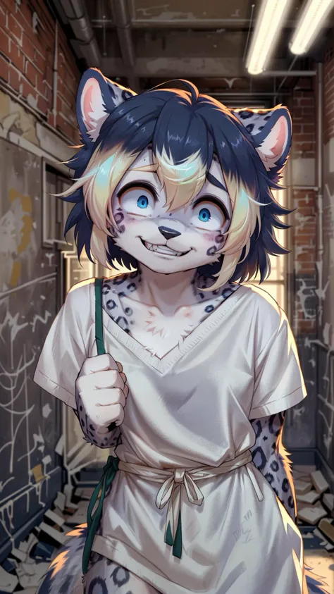 painting, detailed background, abandoned asylum at night, time-worn walls covered in peeling wallpaper and graffiti, gloomy atmosphere, Female Snow Leopard standing in the center of a dimly lit hallway, eerie fluorescent lights flickering overhead, (snow leopard's sleek fur with black spots), (intense blue eyes glinting with madness), ((unruly, disheveled hair:1.2)), (tattered hospital gown clinging to her slender frame), ((bloodstains on her paws and gown):0.8), (wild look in her eyes, (wide, dilated pupils)), ((maniacal grin revealing sharpened teeth):1.1), insanity unleashed, (face close up), <lora:crazyExpressions_crazyExpressions:0.8>crazy face, crazy eyes, crazy smile, horrified, small pupils, constricted pupils <lora:constricted_pupils_v0.2a:0.8>, BREAK
(hardline, outline), furry anime kemono, (lineart:0.6), (flat shading, flat colors:1.1), (vibrant colors:1.1), [by dagasi|ancesra:1.4]