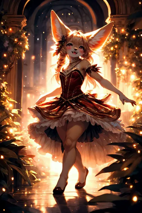 <lora:detailed_eye-10:1>,
<lora:add_detail:1>,
<lora:Furtastic_Detailer:1> award winning photography, masterpiece, fashion photography, Prime lens, (wildlife photography), masterpiece,
three-quarter view, straight on,
(solo), movement pose, dancing,
female anthro fennec, yellow fur with darker stripes on legs and arms,
cute, young, long hair with tow pigtails, red and orange hair,
angel_v4, <lora:Angel_V3:0.3>,
mesmerizing ball gown in soft blush pink with layers of tulle and lace, Intricate floral embroidery and sequin detailing cascading down the bodice and skirt, Off-the-shoulder neckline and corset-style back for perfect fit, flowing voluminous skirt that creates fairy-tale silhouette as she twirls on the dance floor, Graceful Flourish, A sweeping motion with fingers extended conveying elegance and sophistication,
reflective eyes, detailed and extremely fluffy body fur, blushing, fangs, claws, (chibi), (toned body:0.4), glossy fur, young adult, thick thighs, round thighs, elegant,
uploaded on e621, by thebigslick, (by manmosu marimo:0.7), by Anixaila, by castitas, by Izrez, (by dagasi:0.5),
<lora:FurryCoreV2New-07:0.5>, furrycore,
grand festive hall and garden, fairy lights, nighttime, dim light, volumetric light, rim light,
highly_detailed_face, symmetrical_eyes, cinematic composition, hi res, 8k,
cinematic lighting, stunningly beautiful, concept art, highly detailed,
masterpiece, best quality, realistic, (intricate:0.9), (high detail:1.4), film photography, sharp focus,