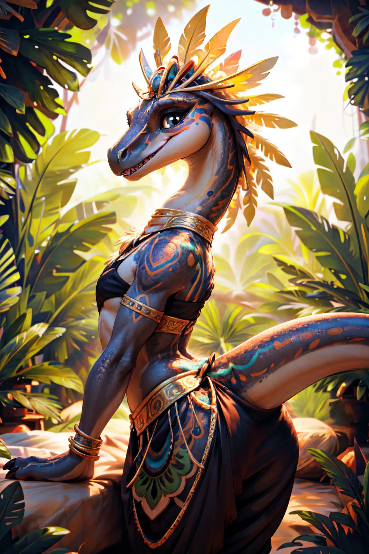 <lora:add_detail:1>,
 AS-YoungerV2, ultra realistic, masterpiece, [wildlife|fashion] photography,
three-quarter view, slightly above,
(cute female (Green raptor))), young, intricate detailed scales, glossy iridescent scales, thick thighs, slim body, flat chest, rendered eyes, (horns), incandescent skin,
spines, big eyes, short tail, (crest feathers), ((feathered headdress)), raptor head, (kobold:0.4), perfect thighs,
golden tiara, golden bracelets, golden anklets, golden necklace, intricate gold,
((Nomadic Desert Ensemble, Lightweight flowing harem pants, halter top adorned with tribal beadwork, draped headscarf)),
uploaded on e621, (by Hasui Kawase:0.5), by Barbara Takenaga, (by darkgem_0.5), by Affandi, by Beatrice Ethel Lithiby, by Catcouch,
lying on bed, detailed bed-sheets, playful pose,
clevergirl, reptile, scalie, theropod, sharp teeth, velociraptor, <lora:clevergirl-v1:0.6>
<lora:Dragons v1:0.2>, dragon,
<lora:clevergirl-v1:0.4>, clevergirl, reptile, scalie, sharp teeth, velociraptor,
<lora:Riju:0.5> , game_gerudo_riju_aiwaifu69,
(Cleo DeNile, <lora:CleoDeNile1.0:0.4>),
happy, seductive, (open mouth:0.3),
golden hour, evening
tropical jungle, sunny clearing, jungle cliffs, jungle flora,
Jungle Ferns, Large feathery ferns carpeting the forest floor, Vibrant Bromeliads, Splashy bursts of color provided by bromeliads perched on branches and tree trunks, Tropical Fruits, Assorted tropical fruits, vibrant mangoes and papayas hanging from the branches,
detailed, realistic, 8k uhd, high quality, high quality photography, 3 point lighting, flash with softbox, 4k, Canon EOS R3, hdr, smooth, sharp focus, high resolution, award winning photo, 80mm, f2.8, bokeh, cinematic composition, cinematic lighting, highly detailed, masterpiece, best quality, realistic, (intricate:0.9), (high detail:1.4), film photography, sharp focus,