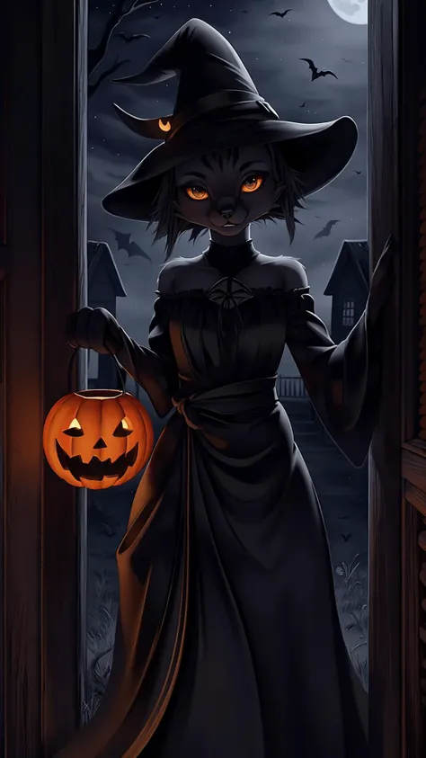 detailed background, a moonlit Halloween night with an enchanting atmosphere, a black cat dressed as a witch, (her sleek fur blending perfectly with the darkness), playfully teasing with every twist and turn, as she ventures from house to house, she embraces the spirit of "trick or treat" with a mischievous gleam in her eyes,