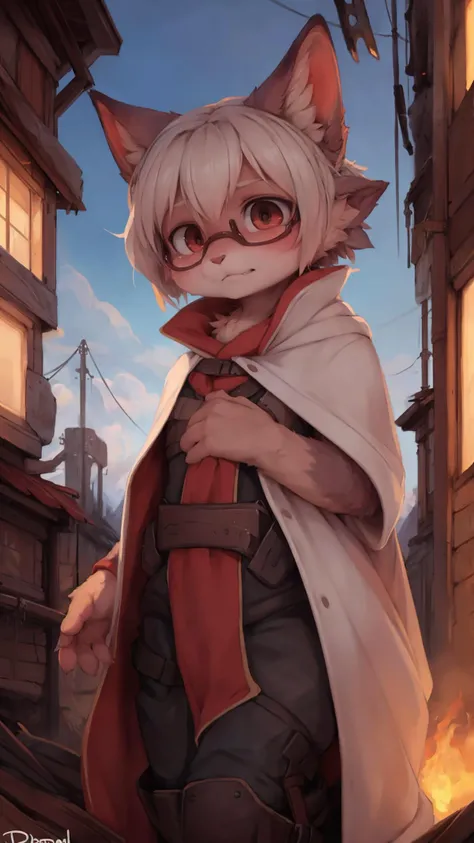 detailed background, post-apocalyptic setting with a hint of desolation in the air, ite cat girl clad in a gas mask and cloak, (her innocent eyes peering through the lenses), wearing a white coat draped over her body, soft fur peeking out from underneath, symbols of survival amidst chaos and decay, a sense of mystery surrounding her as she treads through the remnants of the world, masterpiece, by dagasi, by foxovh, by personalami, by einshelm,