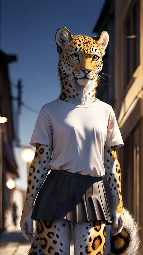 black, skirt, white t-shirt, town, street, detailed background, leopard, female furry, smiling, multicolored fur,
masterpiece, detailed fur, realistic fur, leopard ears, fluffy tail,
full body, detailed skin, detailed face and eyes, higher body and limbs detail, realistic proportions,
detailed lighting, cinematic lighting, detailed ambient light, gray natural lighting, backlighting, crepuscular ray,
half body shadow, sharp focus,