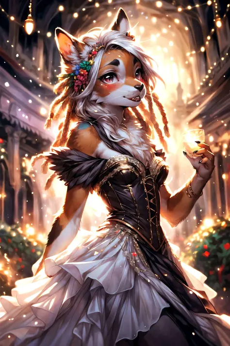 <lora:detailed_eye-10:1>,
<lora:add_detail:1>,
<lora:Furtastic_Detailer:1> award winning photography, masterpiece, fashion photography, Prime lens, (wildlife photography), masterpiece,
three-quarter view, low angle,
(solo), movement pose,
female anthro calico cat, white fur with darker arms, darker legs,
cute, young, Dreadlocks, rainbow hair,
porshacrystal, <lora:porshacrystal-novelai:0.3>,
romantic off-shoulder gown in soft lavender chiffon, exuding ethereal charm, Delicate lace appliques along the bodice and sleeves creating dreamy effect, flowing layered skirt that moves gracefully with every step evoking sense of romance, subtle train and corset-style back that adds touch of drama and allure, Fingertip Connection, Lightly touching fingertips together, expressing delicacy and attention to detail,
reflective eyes, detailed and extremely fluffy body fur, blushing, fangs, claws, (chibi), (toned body:0.4), glossy fur, young adult, thick thighs, round thighs, elegant,
uploaded on e621, by thebigslick, (by manmosu marimo:0.7), by Anixaila, by castitas, by Izrez, (by dagasi:0.5),
<lora:FurryCoreV2New-07:0.5>, furrycore,
grand festive hall and garden, fairy lights, nighttime, dim light, volumetric light, rim light,
highly_detailed_face, symmetrical_eyes, cinematic composition, hi res, 8k,
cinematic lighting, stunningly beautiful, concept art, highly detailed,
masterpiece, best quality, realistic, (intricate:0.9), (high detail:1.4), film photography, sharp focus,