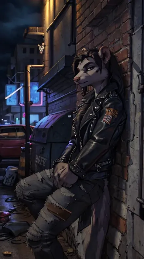 outdoor, urban setting, detailed background, (mink girl), leaning against a metal beam, scrapyard, tall walls of junk and metal, leather jacket, biker, holding a coin, dark theme, looking distant, ((slight frown)), dark background, solo, BREAK,
black fur, silky fur, [lighthouse:0.3], [cool colors::0.3] [street light, warm colors:0.4], BREAK,
<lora:spotlight:0.1@3,0.6@4>, <lora:dark:0@0.3,0.5@0.4>