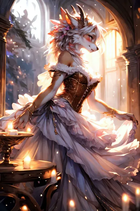 <lora:detailed_eye-10:1>,
<lora:add_detail:1>,
<lora:Furtastic_Detailer:1> award winning photography, masterpiece, fashion photography, Prime lens, (wildlife photography), masterpiece,
three-quarter view, high angle,
(solo), movement pose, dancing,
female anthro calico cat, sandy fur with brighter stripes,
cute, young, Braided Updo, red and orange hair,
sisu, dragon, eastern dragon, mane, horn, <lora:sisu-v2-locon:0.3>,
romantic off-shoulder gown in soft lavender chiffon, exuding ethereal charm, Delicate lace appliques along the bodice and sleeves creating dreamy effect, flowing layered skirt that moves gracefully with every step evoking sense of romance, subtle train and corset-style back that adds touch of drama and allure, Pensive Chin Rest, Resting the chin on a propped-up hand, conveying thoughtfulness and contemplation,
reflective eyes, detailed and extremely fluffy body fur, blushing, fangs, claws, (chibi), (toned body:0.4), glossy fur, young adult, thick thighs, round thighs, elegant,
uploaded on e621, by thebigslick, (by manmosu marimo:0.7), by Anixaila, by castitas, by Izrez, (by dagasi:0.5),
<lora:FurryCoreV2New-07:0.5>, furrycore,
grand festive hall and garden, fairy lights, nighttime, dim light, volumetric light, rim light,
highly_detailed_face, symmetrical_eyes, cinematic composition, hi res, 8k,
cinematic lighting, stunningly beautiful, concept art, highly detailed,
masterpiece, best quality, realistic, (intricate:0.9), (high detail:1.4), film photography, sharp focus,