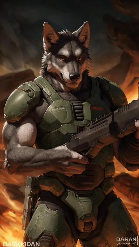 High detail, film, cinematic, realistic, masterpiece, male with(gun), (DOOM3), wolf, anthro, furry, wolf ears, detailed fur, solo, hell, mars, absurdres, best quality, HDR, high quality, high-definition, extremely detailed, 8k wallpaper, intricate details, 8K uhd, Full-HD, (by darkgem:0.7), (by shibashake:1.0), ((by darkvan:)), ((by oouna)), (by pino daeni:1.2)