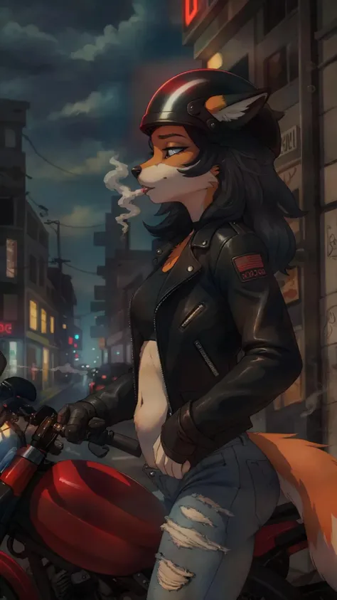 outdoor, urban setting, detailed background, fox girl, biker clothes, (leather jacket, ripped jeans), (motorcycle helmet), smoking a cigarette, thoughtful expression, (looking away), piercing eyes, gently blowing smoke into the air, (wisps of smoke curling around her), cool and aloof demeanor, masterpiece