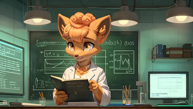 detailed background, a modern laboratory with high-tech equipment and glowing monitors, shelves filled with colorful vials and beakers. In the center of the lab stands a((petite, slim)(Vulpix:1.2))female scientist wearing a pristine white lab coat, (her vibrant orange fur contrasting against the sterile environment). Her((intelligent amber eyes:1.1)sparkle with curiosity), as she peers through a microscope, (small paw carefully adjusting the focus), (scientific papers scattered across the desk). The room is filled with an air of intellectual energy as she scribbles notes in her notebook, (pencil poised between her delicate paws). Behind her, intricate formulas and equations are written on a chalkboard, (charts and graphs detailing her latest findings), (state-of-the-art machinery humming softly in the background)