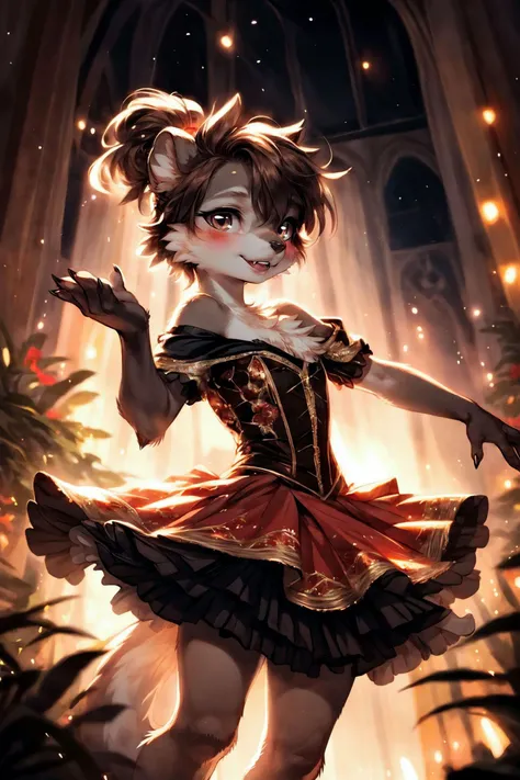 ASCII<lora:detailed_eye-10:1>, <lora:add_detail:1>, <lora:Furtastic_Detailer:1>,
(wildlife photography), masterpiece,
three-quarter view, low angle,
(solo), movement pose, dancing,
female anthro meercat, black fur with brighter arms, brighter legs,
cute, young, short hair with long ponytail, brown hair,
fifi, fluffy tail, striped tail, <lora:fifi-v1-128-novelai:0.3>,
mesmerizing ball gown in soft blush pink with layers of tulle and lace, Intricate floral embroidery and sequin detailing cascading down the bodice and skirt, Off-the-shoulder neckline and corset-style back for perfect fit, flowing voluminous skirt that creates fairy-tale silhouette as she twirls on the dance floor, Stately Clasp, Joining hands in a stately clasp, symbolizing unity and strength and solidarity,
reflective eyes, detailed and extremely fluffy body fur, blushing, fangs, claws, (chibi), (toned body:0.4), glossy fur, young adult, thick thighs, round thighs, elegant,
uploaded on e621, by thebigslick, (by manmosu marimo:0.7), by Anixaila, by castitas, by Izrez, (by dagasi:0.5),
<lora:FurryCoreV2New-07:0.5>, furrycore,
grand festive hall and garden, fairy lights, nighttime, dim light, volumetric light, rim light,
highly_detailed_face, symmetrical_eyes, cinematic composition, hi res, 8k,
cinematic lighting, stunningly beautiful, concept art, highly detailed,
masterpiece, best quality, realistic, (intricate:0.9), (high detail:1.4), film photography, sharp focus,