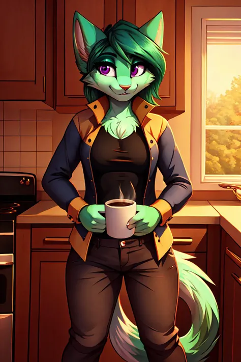 <lora:LilithCalah_sd15:1>
furry anthro lilithcalah, standing, cat tail, looking at viewer, gentle smile, welcoming stance, perfect purple eyes, green body fur, green hair, pants, shirt, open yellow jacket,
kitchen, kitchen funiture, making coffee, (masterpiece:1.2), (highly detailed:1.2), (intricate:1.2), (best quality:1.2),(8k:1.2), (sharp:1.2), (majestic:1.2)