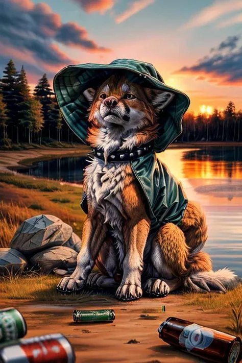 extreme closeup, low-angle shot, (a fluffy feral fox sitting on a rock), wearing (studded collar, rain jacket, rain hat), feral, sitting, realistic fur, paws, detailed, (foreground (beer can, bottle, cigarettes)), detailed background, finnish lake, islets, rocks, reeds, trees, dramatic clouds, sunset, highres, sharp,