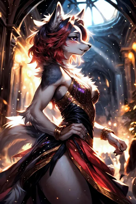 ASCII<lora:detailed_eye-10:1>, <lora:add_detail:1>, <lora:Furtastic_Detailer:1>,
(wildlife photography), masterpiece,
side view, above shot,
(solo), movement pose,
female anthro wolf, white fur with bright face fur and tail tip,
cute, young, Lob (Long Bob), red hair,
belladonna, <lora:belladonna-v1-128-novelai:0.3>,
glamorous mini dress entirely covered in shimmering sequins catching the light with every movement, Plunging V-neckline and spaghetti straps adding touch of allure and sophistication, body-hugging silhouette that accentuates her curves creating stunning and confident look, short hemline that allows for easy dancing and showcases her youthful energy, Regal Sweep, A slow sweeping motion of the hand, emanating regality and poise,
reflective eyes, detailed and extremely fluffy body fur, blushing, fangs, claws, (chibi), (toned body:0.4), glossy fur, young adult, thick thighs, round thighs, elegant,
uploaded on e621, by thebigslick, (by manmosu marimo:0.7), by Anixaila, by castitas, by Izrez, (by dagasi:0.5),
<lora:FurryCoreV2New-07:0.5>, furrycore,
grand festive hall and garden, fairy lights, nighttime, dim light, volumetric light, rim light,
highly_detailed_face, symmetrical_eyes, cinematic composition, hi res, 8k,
cinematic lighting, stunningly beautiful, concept art, highly detailed,
masterpiece, best quality, realistic, (intricate:0.9), (high detail:1.4), film photography, sharp focus,