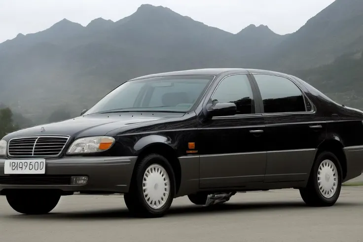 chairman, car, vehicle, ground vehicle, driving, highway, outdoors, mountain, <lora:Ssangyong_Chairman_1st_Generation_1:1>