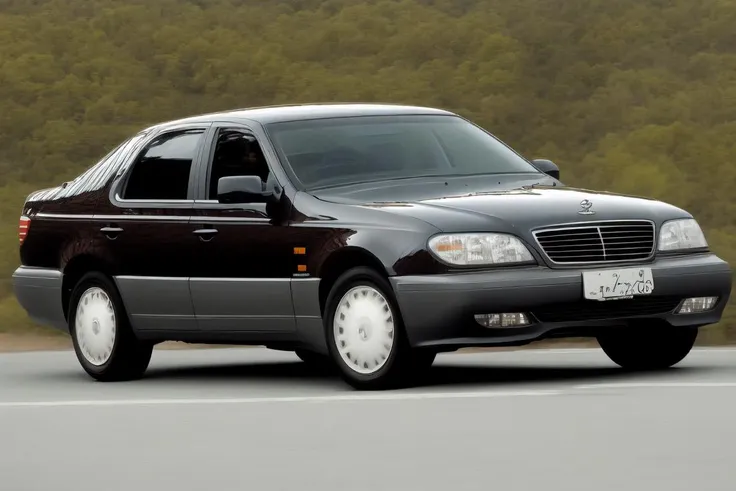 chairman, car, vehicle, ground vehicle, driving, highway, outdoors, mountain, <lora:Ssangyong_Chairman_1st_Generation_1:1>