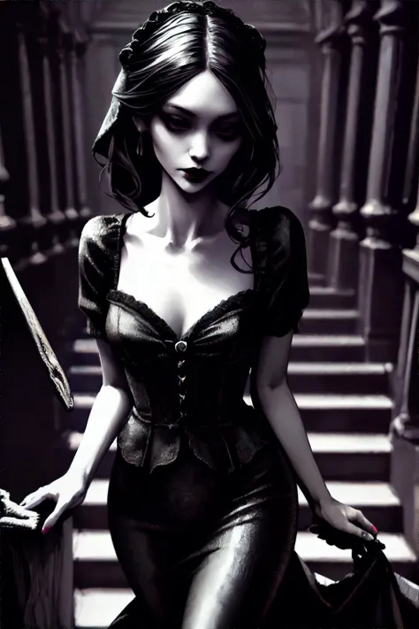 <lora:spooky-inzaniak:0.6>, woman wearing alluring mermaid tail, holding vampire's coffin, treacherous stairway winding into the unknown, <clip:skip:2>, masterpiece, 8k, high resolution, shallow depth of field, sharp focus
