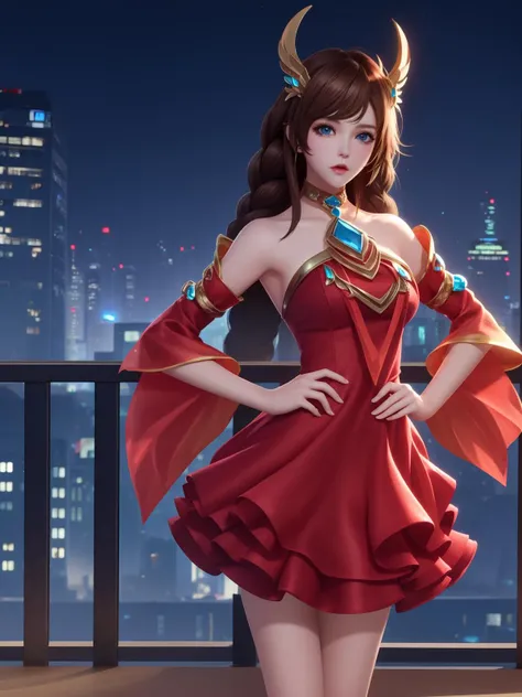 WZRYdaqiaoYP, 1girl, solo, long hair, brown hair, red dress, jewelry, bare shoulders, detached sleeves, blue eyes, hair ornament,twin braids,cityscape, night, looking at viewer, mature female, hand on hip, <lora:WZRYdaqiaoYP:0.75>
