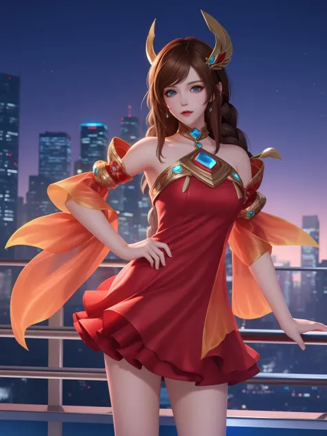WZRYdaqiaoYP, 1girl, solo, long hair, brown hair, red dress, jewelry, bare shoulders, detached sleeves, blue eyes, hair ornament,twin braids,cityscape, night, looking at viewer, mature female, hand on hip, <lora:WZRYdaqiaoYP:0.75>