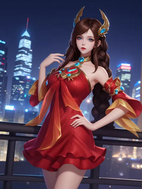 WZRYdaqiaoYP, 1girl, solo, long hair, brown hair, red dress, jewelry, bare shoulders, detached sleeves, blue eyes, hair ornament,twin braids,cityscape, night, looking at viewer, mature female, hand on hip, <lora:WZRYdaqiaoYP:0.75>