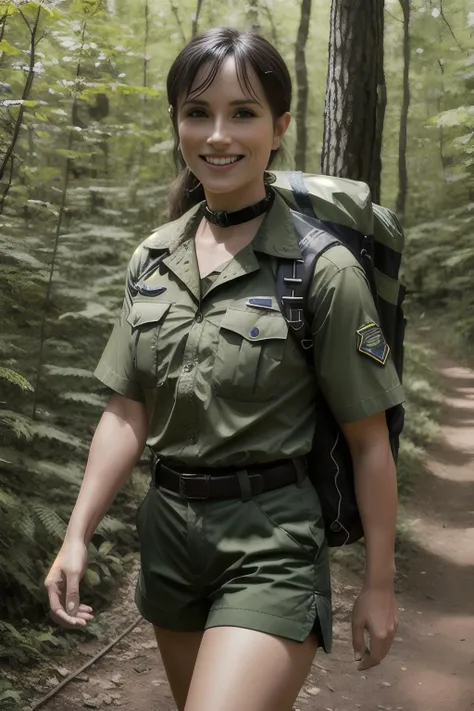 <lora:MCZ:0.6> wearing shirt shorts tights hiking boots and a choker kissing, ((61 year_old man in a ranger uniform)), natural walk through woods background, ([surprise|pleasure] face), NSFW, indoor lighting, (hdr), 8k, ultra-detailed, dynamic angle, dramatic angle, best quality, ((coy smile)),