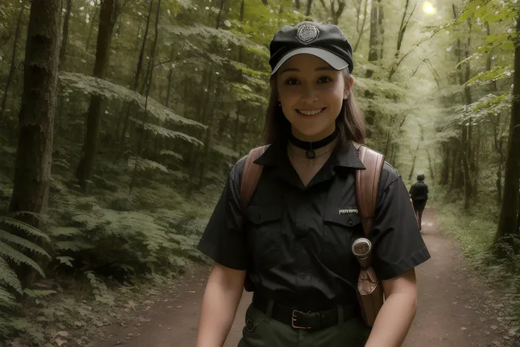 (21 year_old woman <lora:MCZ:0.6> wearing shirt shorts black pantyhose hiking boots and a choker) and (61 year_old man in a ranger uniform) walking through the woods, natural walk through woods background, ([surprise|pleasure] face), NSFW, indoor lighting, (hdr), 8k, ultra-detailed, dynamic angle, dramatic angle, best quality, ((coy smile)),