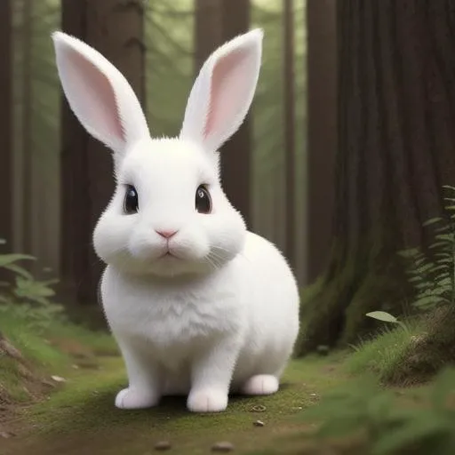 a cute cartoon bunny, pleading with camera, big sad eyes, ears dropping down, full body, realistic, 8k, ultra-detailed ,illustration ,dynamic angle, masterpiece, best quality,  forest background,