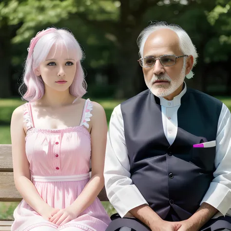 (21 years old woman [magenta| (white:1.2) | (pink:1.3)] hairs wearing a sun dress) and a (60 year old Indian man with white hair), (sits on park bench:0.7), [knees together], (concerned | thoughtful look) gaze, (shocked face:1.4), (looking at viewer:1.2), (hdr), (photorealistic:1.2), masterpiece, best quality, realistic, 8k, ultra-detailed, dynamic angle, masterpiece, best quality, 50 mm, perfect eyes, perfect face,