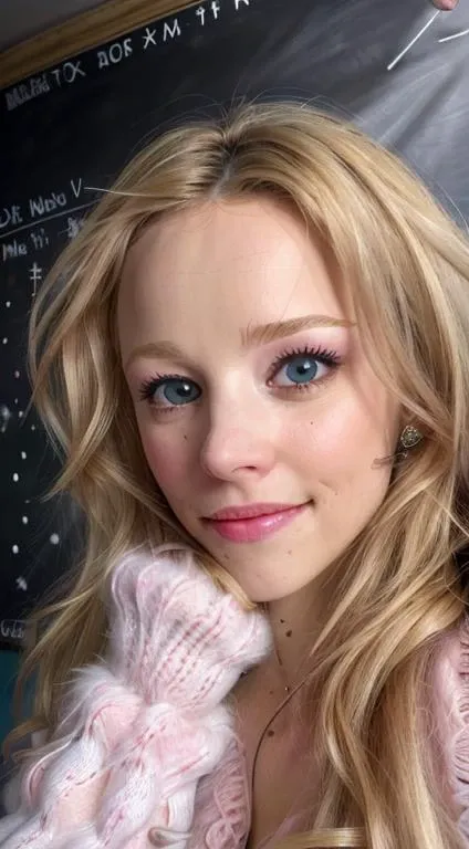 [RAW:0.2] HD, [closeup:0.5] photo of a stunningly beautiful woman <lora:r4ch3lmc4d4ms:1>, stunning eyes, highly detailed skin, [candid, amateur:0.5], (in classroom at chalkboard), wearing fluffy pink sweater, (smiling:0.5)