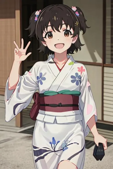 best quality, masterpiece, highres, solo, {yukata:1.40}, {kimono:1.20}, {akagi_miria_theidolmastercinderellagirlsu149:1.15}, short_hair, black_hair, brown_eyes, brown_hair, two_side_up, smile, open_mouth, upper_body, hair_ornament