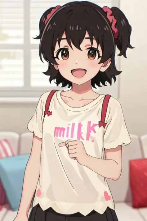 best quality, masterpiece, highres, solo, {akagi_miria_theidolmastercinderellagirlsu149:1.15}, short_hair, black_hair, brown_eyes, brown_hair, two_side_up, smile, open_mouth, upper_body, hair_ornament, 1girl, shirt, looking_at_viewer, bangs, indoors, scrunchie, white_shirt, couch, collarbone, :d, blush