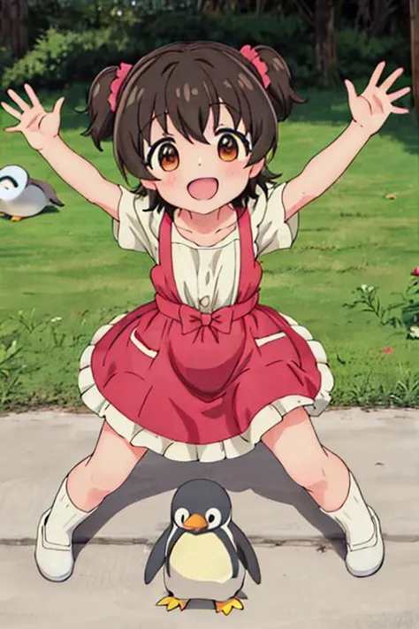 (masterpiece, best quality),<lora:GoodHands-vanilla:0.7> <lora:anmnr01:0.3> <lora:add_detail:0.5>, outdoor,akagi_miria_theidolmastercinderellagirlsu149,blush, <lora:akagi_miria_theidolmastercinderellagirlsu149:0.7>, zoo,penguin,happy,dynamic pose,stylish angle,childish dress,fullbody shot