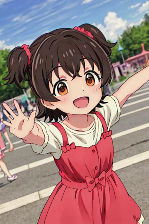 (masterpiece, best quality),<lora:GoodHands-vanilla:0.7> <lora:anmnr01:0.3> <lora:add_detail:0.5>, outdoor,akagi_miria_theidolmastercinderellagirlsu149,blush, <lora:akagi_miria_theidolmastercinderellagirlsu149:0.7>,amusement park,happy,dynamic pose,stylish angle,childish dress