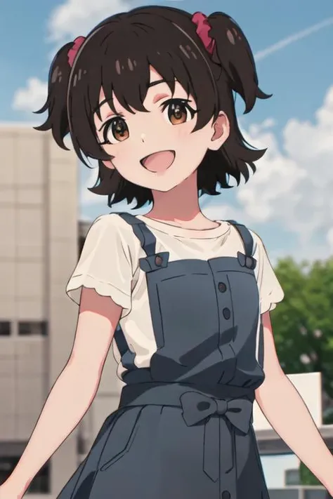 best quality, masterpiece, highres, solo, {akagi_miria_theidolmastercinderellagirlsu149:1.15}, short_hair, black_hair, brown_eyes, brown_hair, two_side_up, smile, open_mouth, upper_body, hair_ornament, bangs, chromatic_aberration, closed_mouth, day, outdoors, shirt, sky, suspenders, white_shirt, 1girl, blue_skirt, blue_sky, cloud, looking_at_viewer, short_sleeves, skirt, suspender_skirt, v
