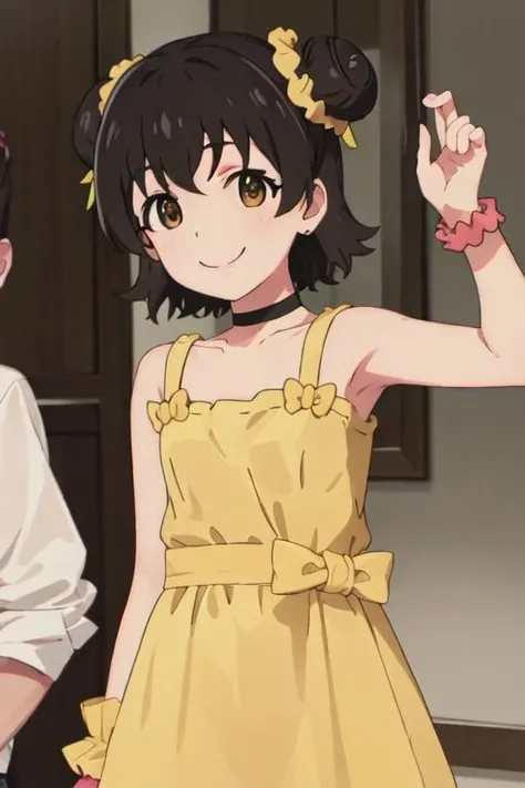 best quality, masterpiece, highres, solo, {akagi_miria_theidolmastercinderellagirlsu149:1.15}, short_hair, black_hair, brown_eyes, brown_hair, two_side_up, smile, open_mouth, upper_body, hair_ornament, 1girl, bangs, bare_shoulders, black_choker, blush, choker, hairclip, looking_at_viewer, dress, hair_bun, sleeveless, sleeveless_dress, yellow_dress, double_bun, scrunchie, closed_mouth, one_eye_closed, wrist_scrunchie, x_hair_ornament