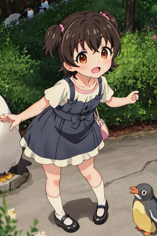 (masterpiece, best quality),<lora:GoodHands-vanilla:0.7> <lora:anmnr01:0.3> <lora:add_detail:0.5>, outdoor,akagi_miria_theidolmastercinderellagirlsu149,blush, <lora:akagi_miria_theidolmastercinderellagirlsu149:0.7>, zoo,penguin,happy,dynamic pose,stylish angle,childish dress,fullbody shot