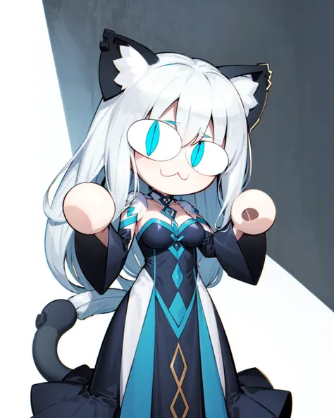 <lora:morganLeFayFate_v10:0.55> 1girl, morgan le fay (fate), breasts, solo, long hair, blue eyes, looking at viewer, dress, braid, black dress <lora:necoArcCharacters_necoArcv3final:1>, neco-arc, necopose, 1girl, full body, :3, cat ears, chibi, cat girl, cat tail, solo, slit pupils