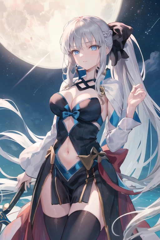 masterpiece, best quality,1girl, breasts, morgan le fay (fate), solo, blue eyes, long hair, ponytail, bow, braid, weapon, cleavage, very long hair, large breasts, black bow, looking at viewer, dress, hair bow, thighhighs, black dress, bangs, sidelocks, french braid, pelvic curtain, grey hair, <lora:morganLeFayFate_v10:0.61>, moon