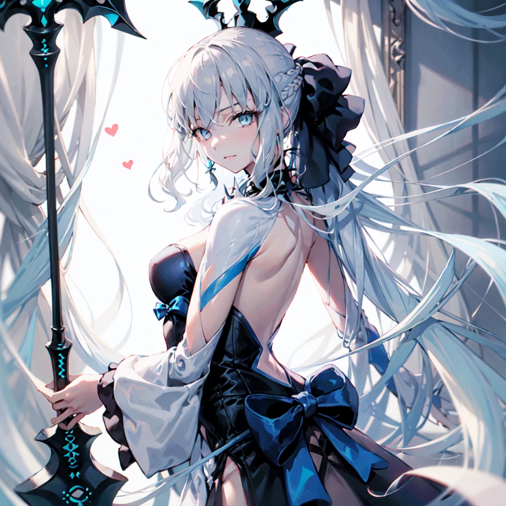 <lora:morganLeFayFate_v10:1> 1girl, morgan le fay (fate), breasts, solo, long hair, blue eyes, looking at viewer, dress, braid, black dress