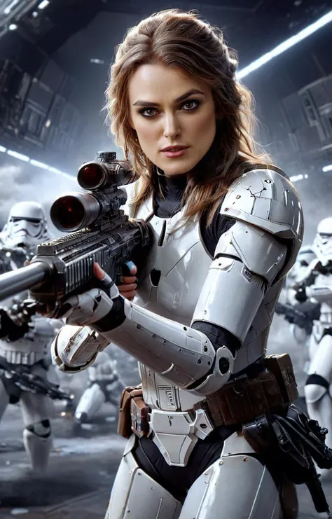 Cinematic, dynamic action scene, photo of angry (ohwx woman) wielding a (Sniper Rifle), as Star Wars Imperial officer wearing a white storm trooper armor, inside star destroyer, Strom Troopers in White Armor in the background, battle scene, implied motion, explosions,
bokeh, cinematic, photo by George Lucas, scene by Steven Spielberg, 8k, best quality,
<lora:keira_lora_sdxl_v1-000008:1> <lora:add-detail-xl:0.6> <lora:XL_Weapon_Sniper_Rifle_-_By_HailoKnight:00.85>,
