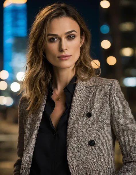 cinematic photo face closeup portrait of fit (((ohwx woman))) a businessman on a new york skyscraper roof (at night:1.1) wearing a fashion Armani suit, depth of field, zeiss lens, 105mm F2.0, fashion shooting, fashion clean cut,Sony a7R, cinematic lighting, city lights, in style of Everett Raymond Kinstler <lora:keira_lora_sdxl_v1-000008:1> . 35mm photograph, film, bokeh, professional, 4k, highly detailed