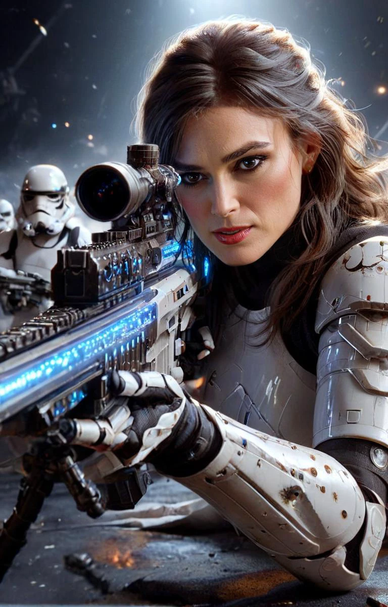 Cinematic, dynamic action scene, photo of angry (ohwx woman) wielding a (Sniper Rifle), as Star Wars Imperial officer wearing a white storm trooper armor, (inside star destroyer), Strom Troopers in White Armor in the background, battle scene, implied motion, explosions,
bokeh, cinematic, photo by George Lucas, scene by Steven Spielberg, 8k, best quality, 
<lora:keira_lora_sdxl_v1-000008:1>  <lora:add-detail-xl:0.6> <lora:XL_Weapon_Sniper_Rifle_-_By_HailoKnight:0.9>,
