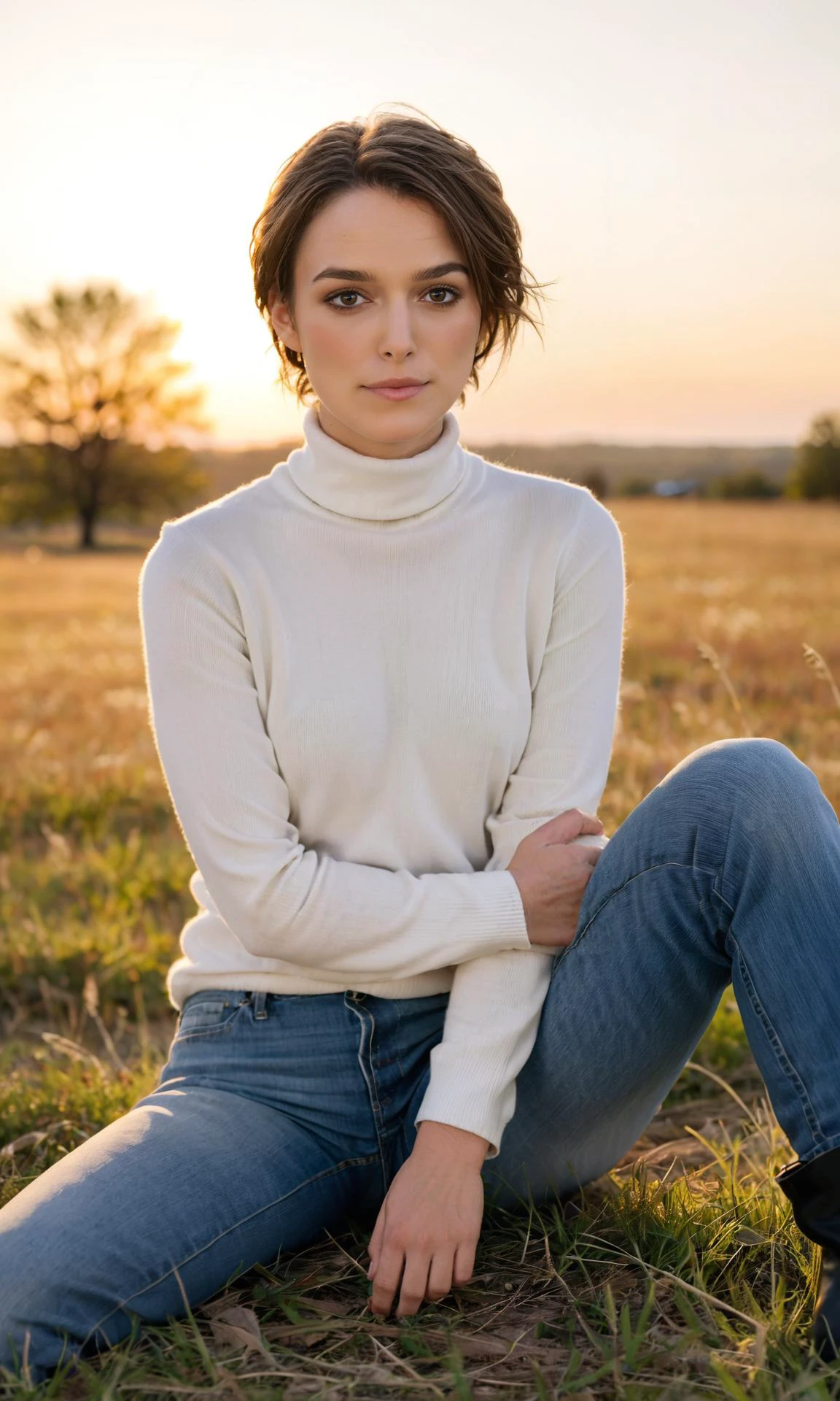,ohwx woman,beautiful woman,brunette,medium length hair,looking at camera,medium breasts,(depth of field:1.15),denim jeans,white turtleneck,meadow,golden hour,sunset,cowboy shot,standing up,<lora:keira_lora_sdxl_v1:0.8>