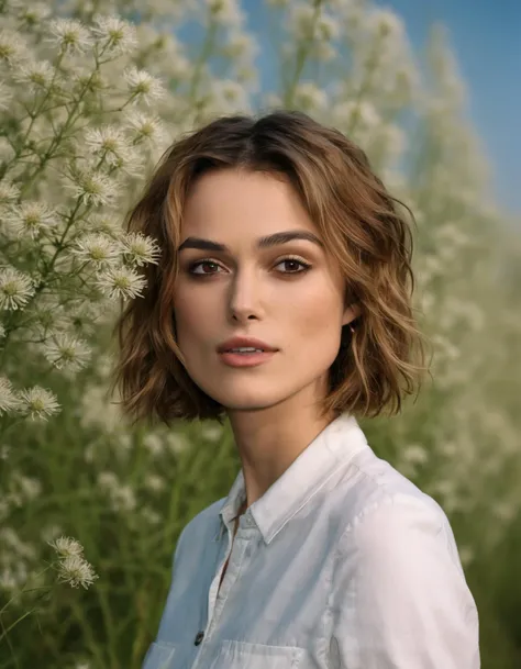 cinematic photo RAW candid cinema, (((ohwx woman))) portrait in a field, 16mm, ((remarkable color)), (ultra realistic) <lora:keira_lora_sdxl_v1-000008:1> . 35mm photograph, film, bokeh, professional, 4k, highly detailed