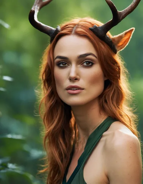 (ohwx woman) <lora:kristen_lora_sdxl_v1-000008:1> as a druid, perfect face, thin antlers, green halter top, ginger hair, abs, cinematic, freckles, stunning, athletic, strong, agile, highly detailed, psychedelic, digital painting, artstation, smooth, hard focus, illustration, art by jessica rossier and and brian froud