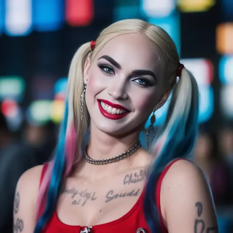 photo of ohwx woman as harley quinn, in the movie Suicide Squad, dyed hair, highly detailed, cinematic look, city at night, cinematic, <lora:MeganFox:1>
