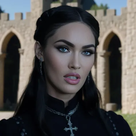 photo of (ohwx woman) as Wednesday Adamas, wearing gothic clothes, braided pigtails, in a castle, sharp focus, looking at the camera, makeup, cinematic look, <lora:MeganFox:1>