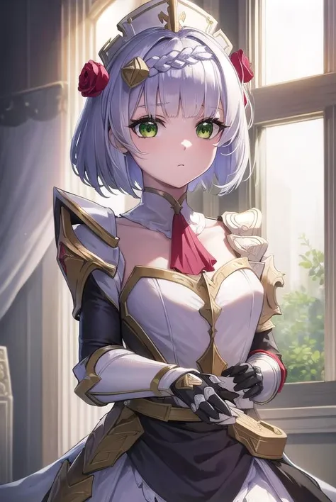 genshinnoelle, <lora:genshinnoelle-lora-nochekaiser:1>,
noelle, braid, flower, hair flower, hair ornament, short hair, silver hair, (green eyes:1.5),
BREAK apron, armor, ascot, black pantyhose, black skirt, dress, gauntlets, gold trim, headdress, long sleeves, maid, maid apron, maid headdress, pantyhose, pauldrons, shoulder armor, skirt, strap,
BREAK indoors, laboratory,
BREAK looking at viewer, (cowboy shot:1.5),
BREAK <lyco:GoodHands-beta2:1>, (masterpiece:1.2), best quality, high resolution, unity 8k wallpaper, (illustration:0.8), (beautiful detailed eyes:1.6), extremely detailed face, perfect lighting, extremely detailed CG, (perfect hands, perfect anatomy),