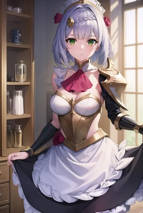 genshinnoelle, <lora:genshinnoelle-lora-nochekaiser:1>,
noelle, braid, flower, hair flower, hair ornament, short hair, silver hair, (green eyes:1.5),
BREAK apron, armor, ascot, black pantyhose, black skirt, dress, gauntlets, gold trim, headdress, long sleeves, maid, maid apron, maid headdress, pantyhose, pauldrons, shoulder armor, skirt, strap,
BREAK indoors, laboratory,
BREAK looking at viewer, (cowboy shot:1.5),
BREAK <lyco:GoodHands-beta2:1>, (masterpiece:1.2), best quality, high resolution, unity 8k wallpaper, (illustration:0.8), (beautiful detailed eyes:1.6), extremely detailed face, perfect lighting, extremely detailed CG, (perfect hands, perfect anatomy),