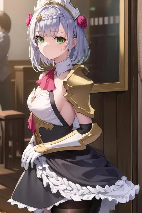 genshinnoelle, <lora:genshinnoelle-lora-nochekaiser:1>,
noelle, braid, flower, hair flower, hair ornament, short hair, silver hair, (green eyes:1.5),
BREAK apron, armor, ascot, black pantyhose, black skirt, dress, gauntlets, gold trim, headdress, long sleeves, maid, maid apron, maid headdress, pantyhose, pauldrons, shoulder armor, skirt, strap,
BREAK indoors, laboratory,
BREAK looking at viewer, (cowboy shot:1.5),
BREAK <lyco:GoodHands-beta2:1>, (masterpiece:1.2), best quality, high resolution, unity 8k wallpaper, (illustration:0.8), (beautiful detailed eyes:1.6), extremely detailed face, perfect lighting, extremely detailed CG, (perfect hands, perfect anatomy),