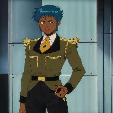 masterpiece,high quality,solo,
<lora:dukerandrenda001:0.7>,looking at viewer,smile,
rendadeparoma,1woman,
short hair,blue hair,sidelocks,black eyes,lipstick,dark skin,
military uniform,necktie,epaulettes,
belt,black pants,
